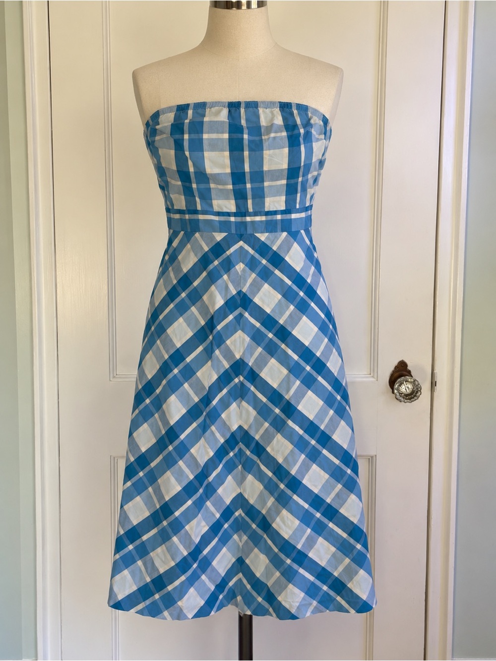 Vintage Y2K J.Crew 2004 Blue Plaid Strapless Midi Dress Cottagecore Preppy